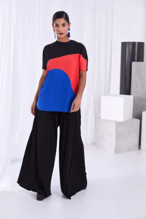 106- Ora Colour Block Pleated Top- Black & Coral