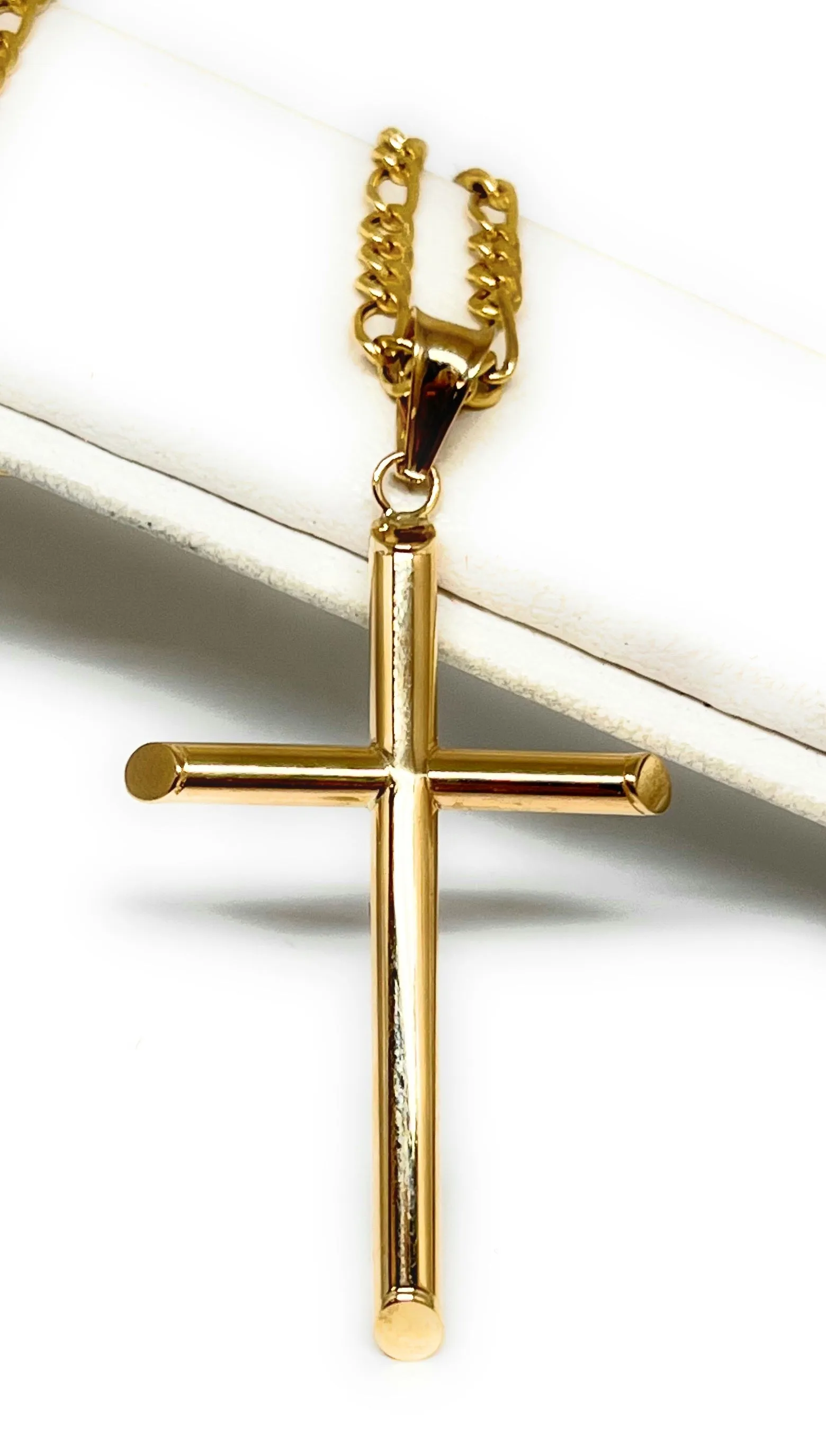 10k Solid Gold Yellow Classic Tube Cross Pendant Necklace (SM,MED,LG) (MADE IN MX)