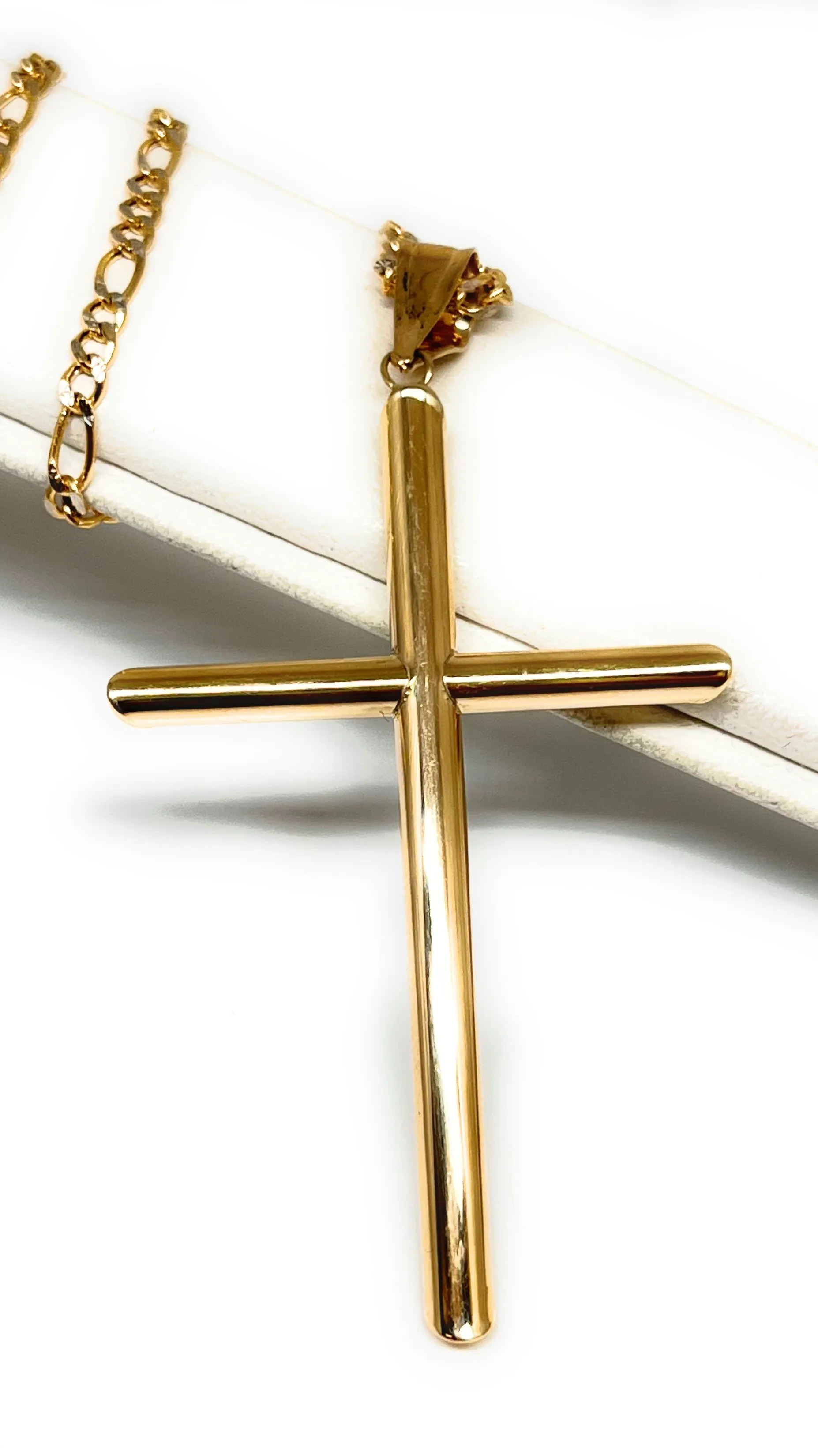 10k Solid Gold Yellow Classic Tube Cross Pendant Necklace (SM,MED,LG) (MADE IN MX)