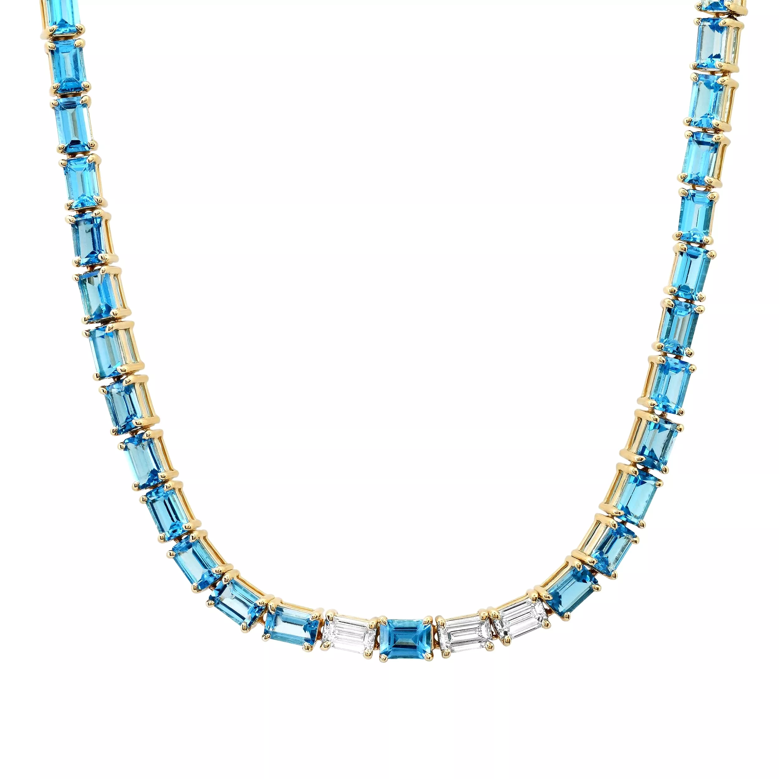 14K & 18K Gold East West Alternating Blue Topaz & Diamond Necklace