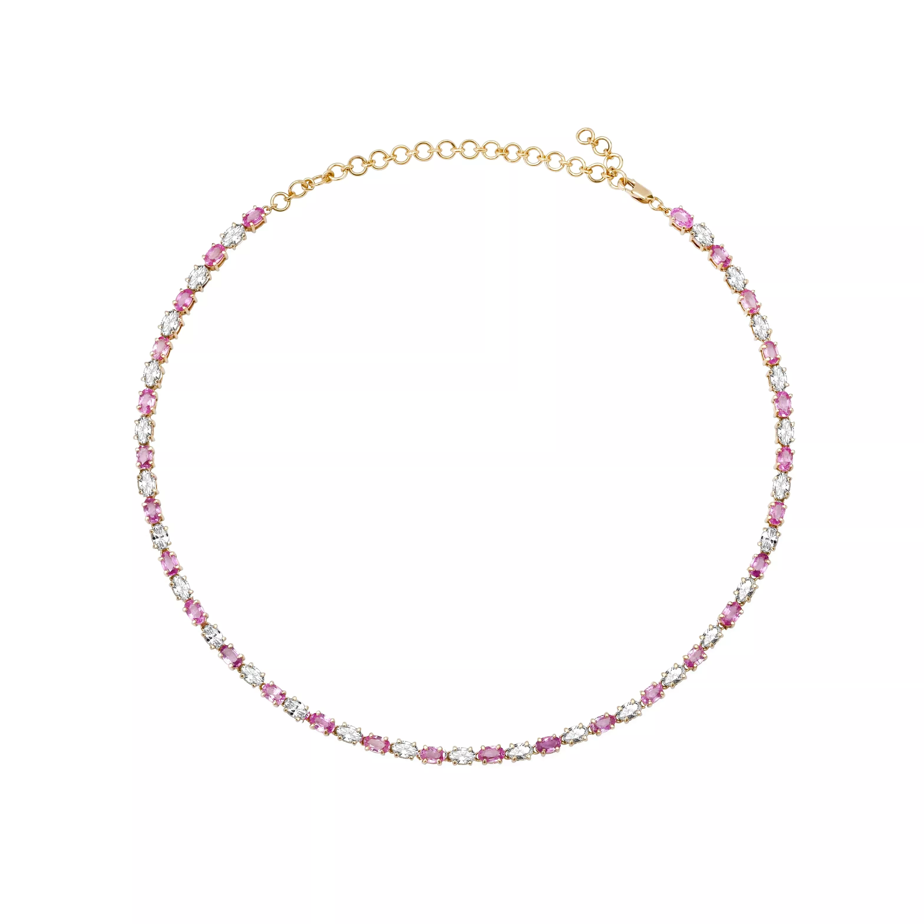 14K & 18K Gold East West Oval Alternating Pink Sapphire & Diamond Necklace