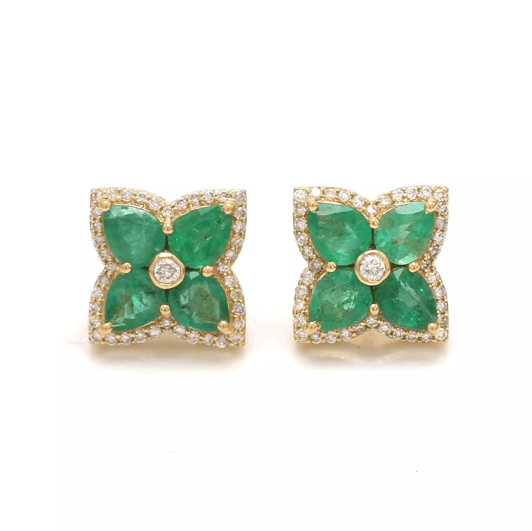 14K & 18K Gold Emerald and Diamond Clover Flower Stud Earrings