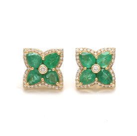 14K & 18K Gold Emerald and Diamond Clover Flower Stud Earrings