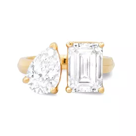 14K & 18K Gold Emerald Cut and Pear Cut Double Diamond Ring