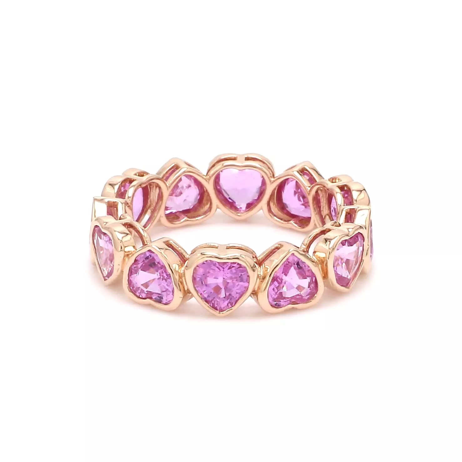 14K & 18K Gold Pink Sapphire Heart Eternity Band, Bezel Set