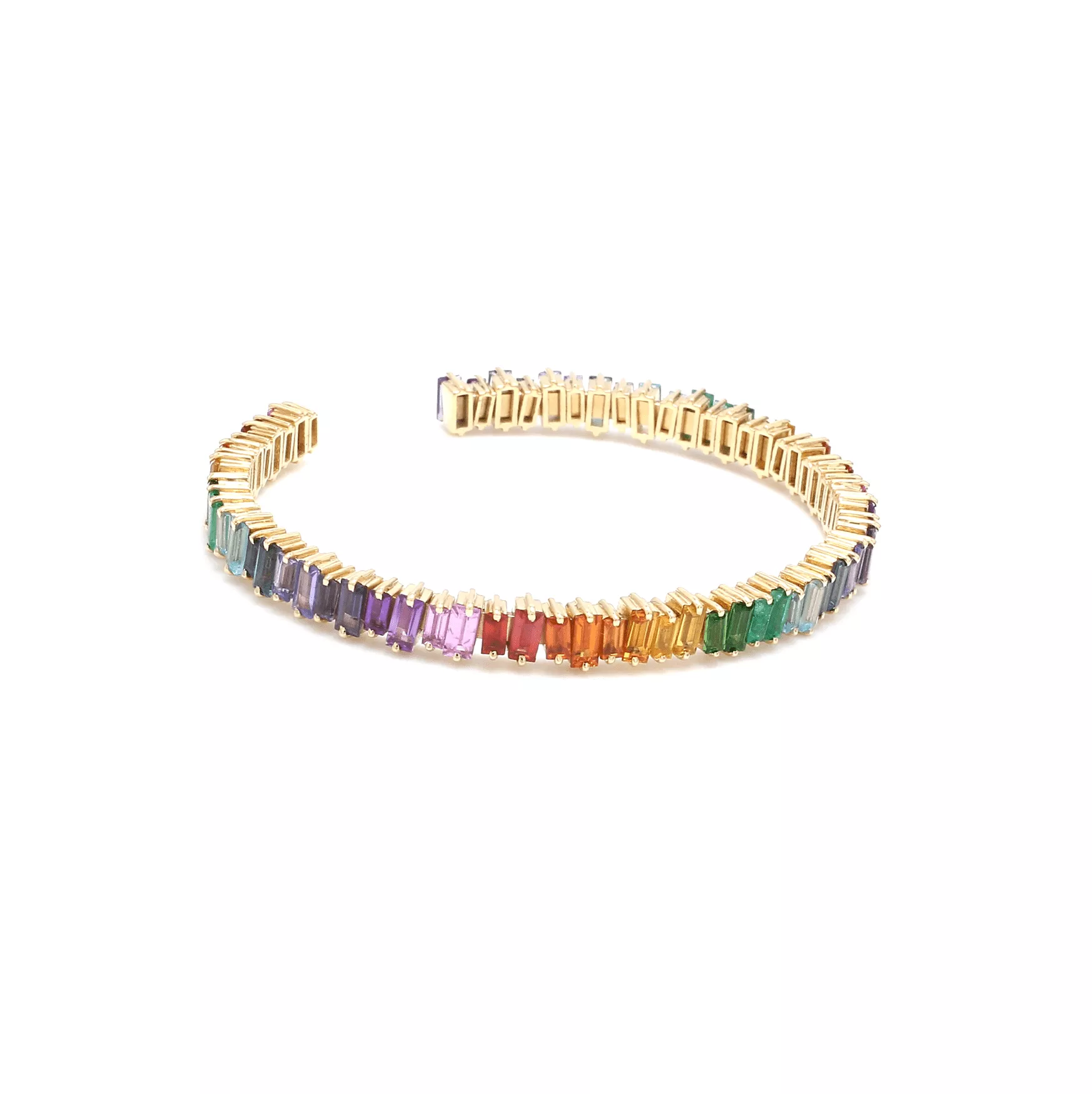 14K & 18K Gold Rainbow Sapphire Random Set Baguette 3/4 Bangle Cuff Tennis Bracelet