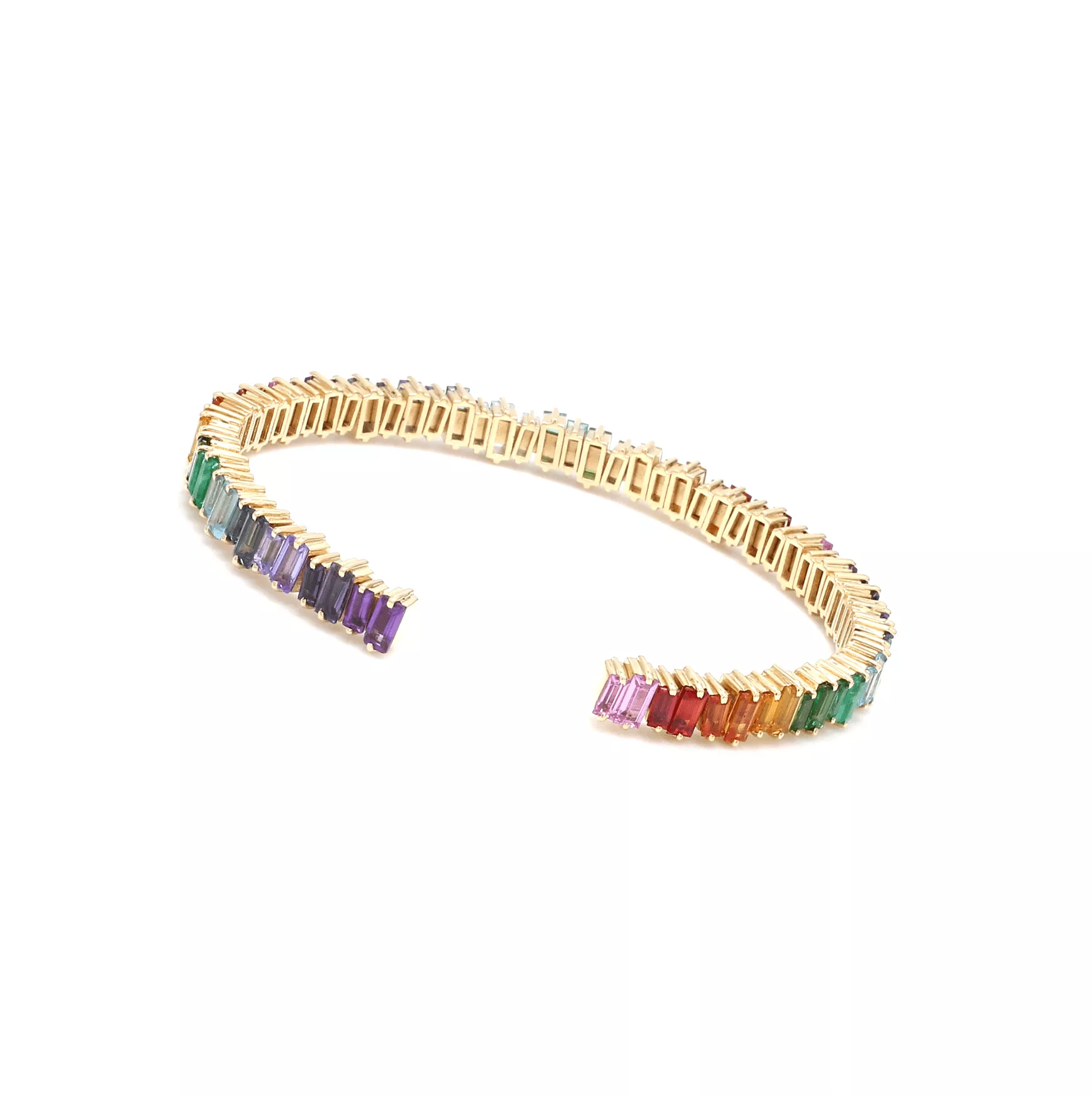 14K & 18K Gold Rainbow Sapphire Random Set Baguette 3/4 Bangle Cuff Tennis Bracelet