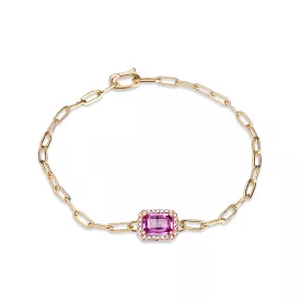 14K Gold Pink Sapphire and Diamond Paper Clip Chain Bracelet