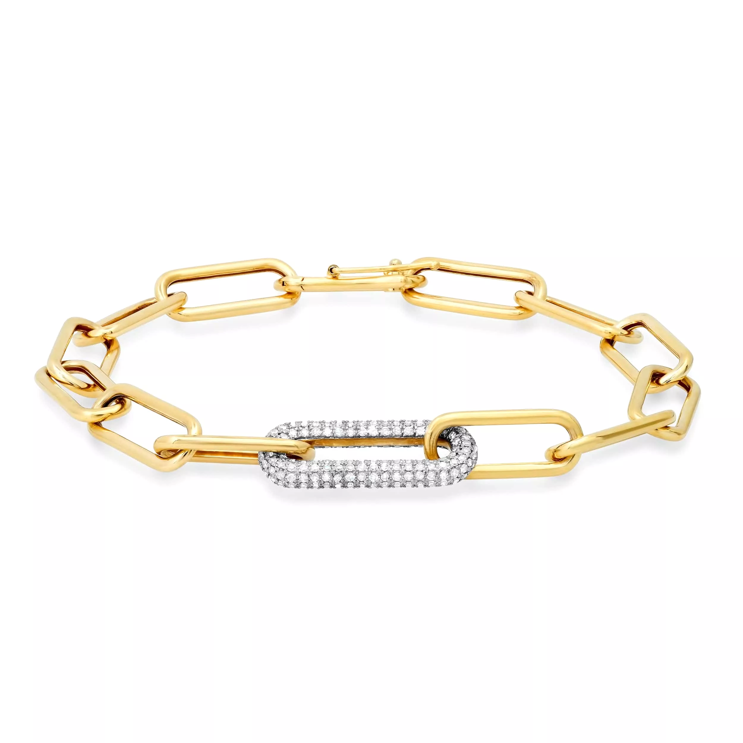 14K Paper Clip Bracelet with One Large Micro-Pave Diamond Link