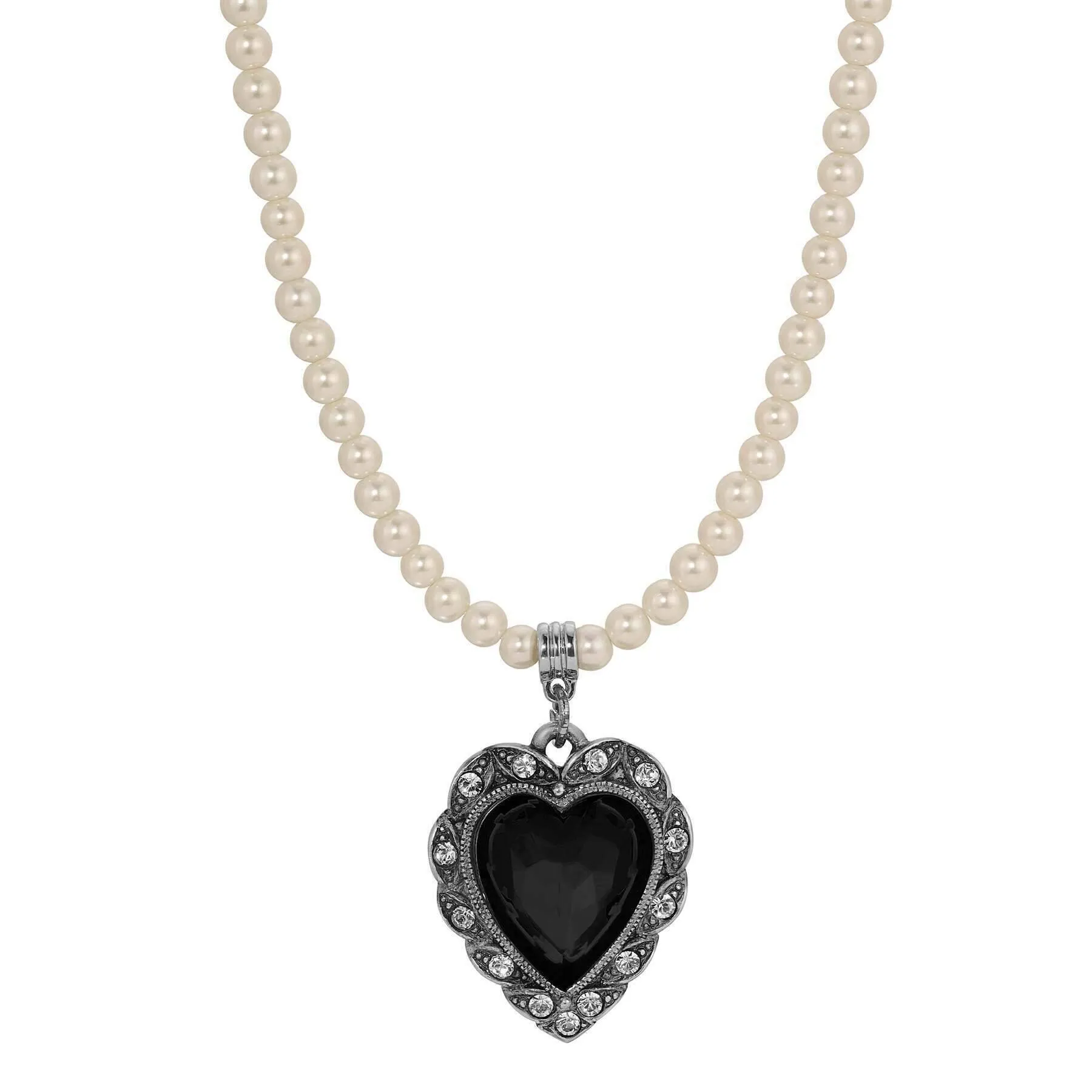 1928 Jewelry Antique Romance Faux Pearl Strand Heart Crystal Pendant Necklace 15 + 3 Extension