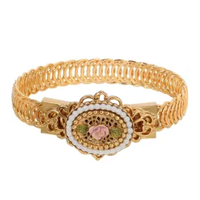 1928 Jewelry Pearly Eden Pink Rose Enamel Faux Pearl Belt Bracelet