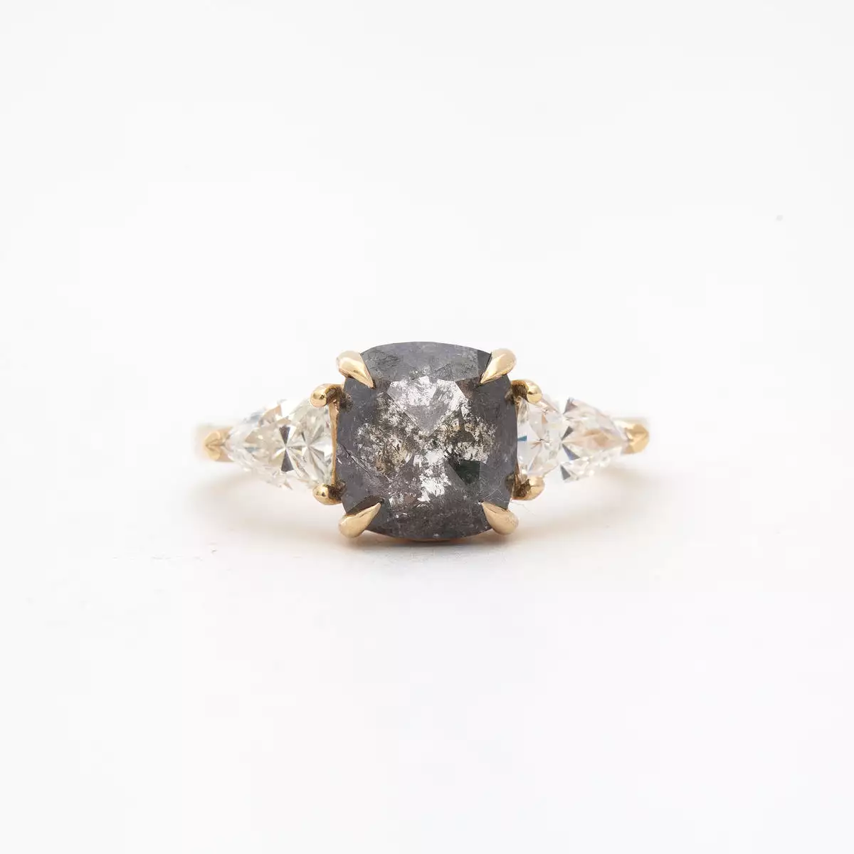 1.94 ct Rose-Cut Cushion Gray Diamond Three-Stone Ring