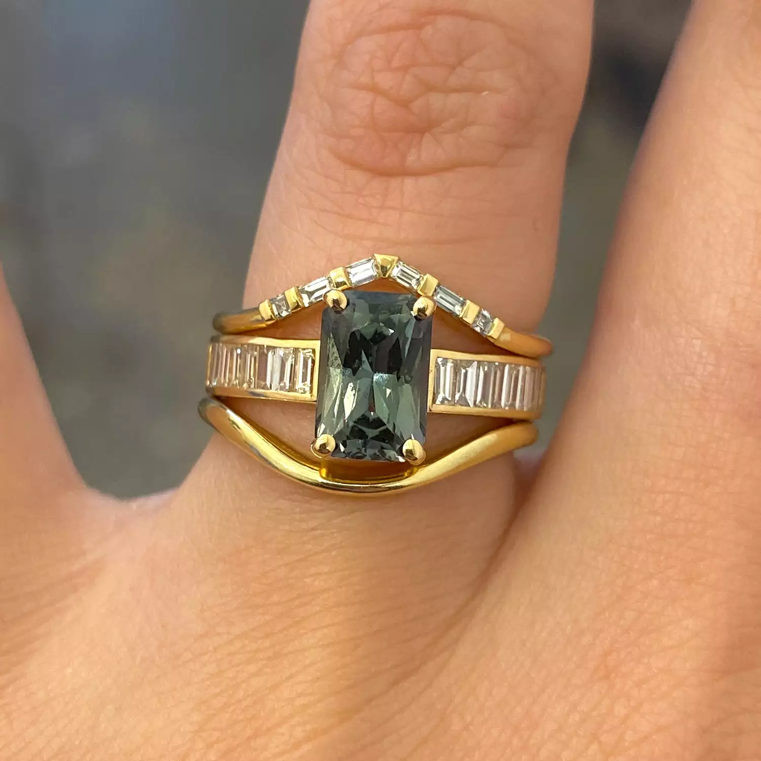 2.06 ct Radiant Green Sapphire Cascade Ring