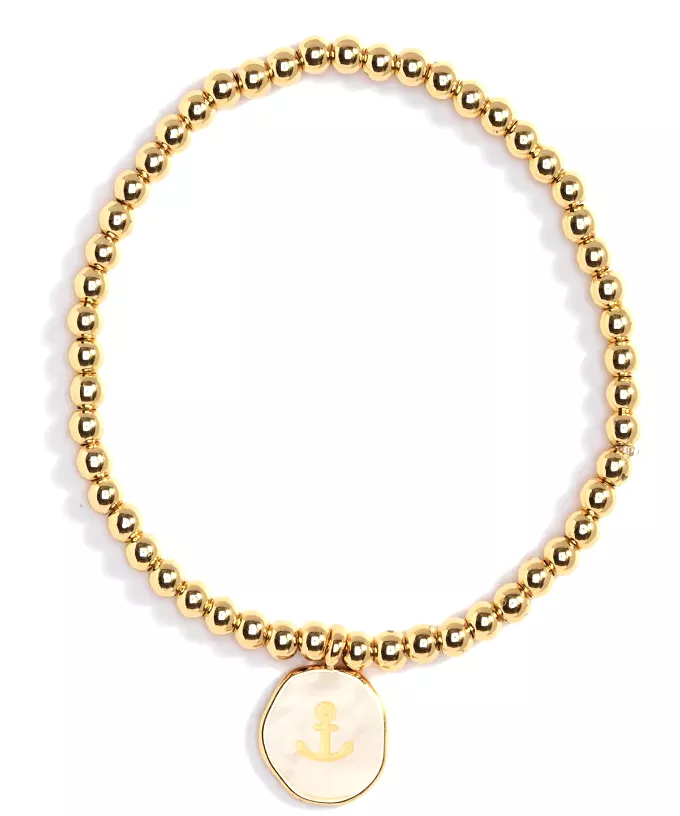 Beaded Bracelet with Anchor Charm - Gold