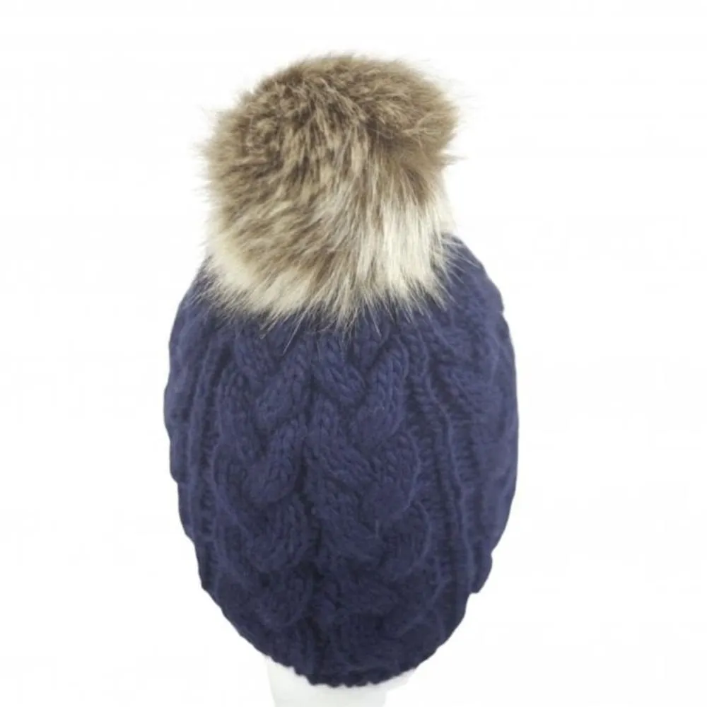 Cable Beanie with Faux Fur Pom