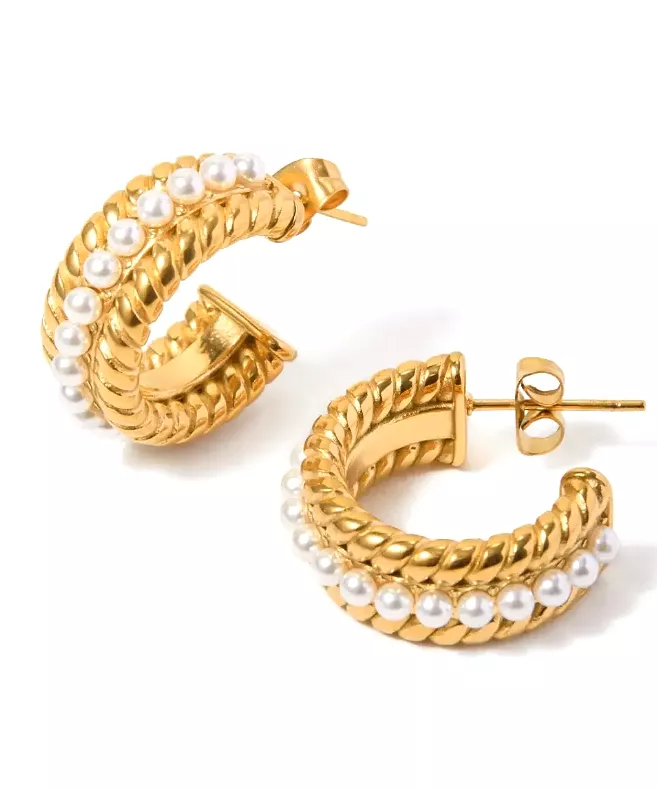 Cable Pearl Hoop Earrings - Gold