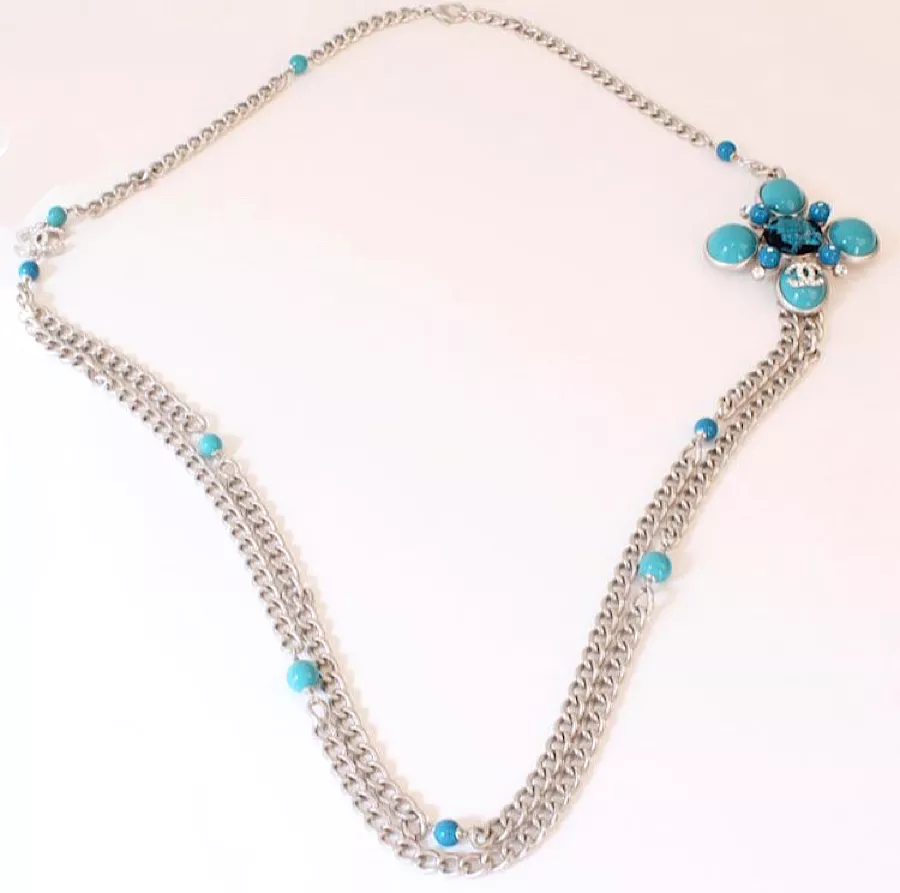 Chanel 07A 2007 Fall Turquoise Multi-Strand Tweed Crystal CC Silver Metal Necklace/Belt/Pin/Brooch