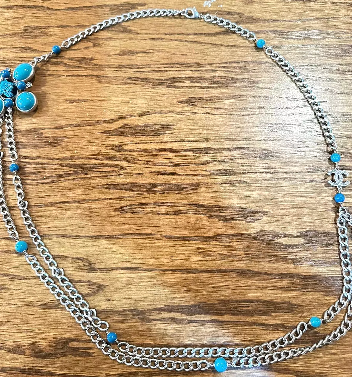 Chanel 07A 2007 Fall Turquoise Multi-Strand Tweed Crystal CC Silver Metal Necklace/Belt/Pin/Brooch