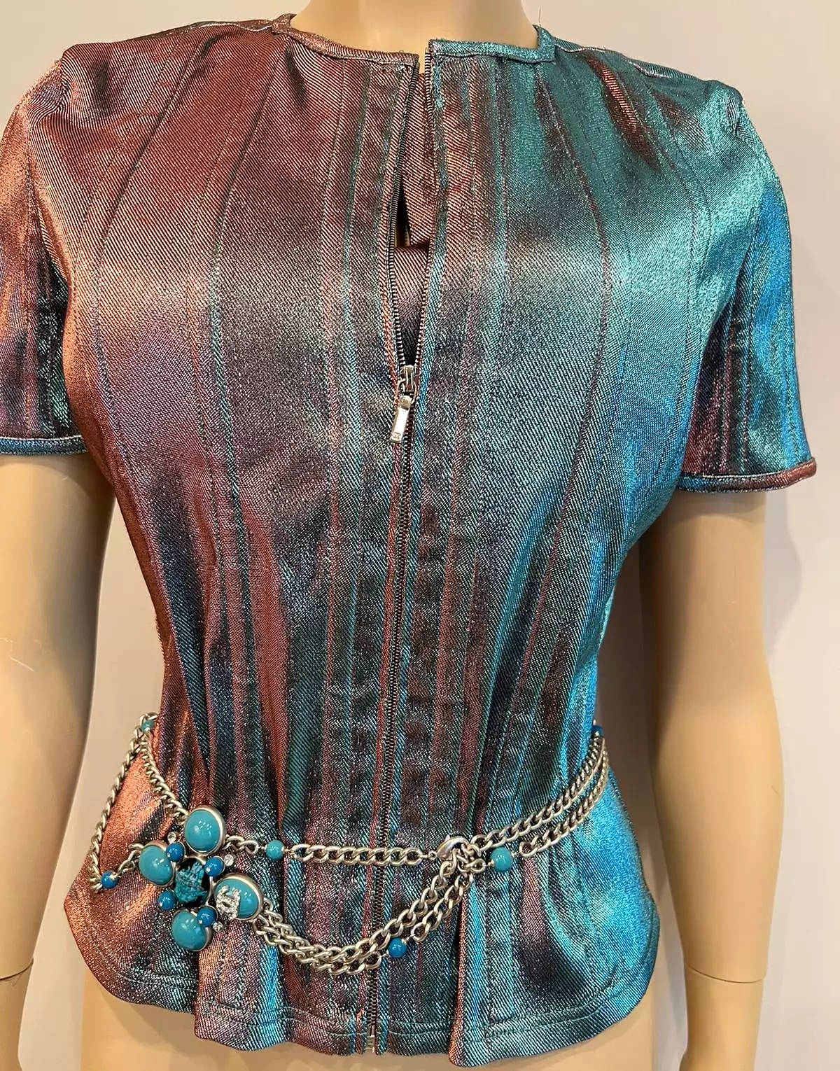 Chanel 07A 2007 Fall Turquoise Multi-Strand Tweed Crystal CC Silver Metal Necklace/Belt/Pin/Brooch