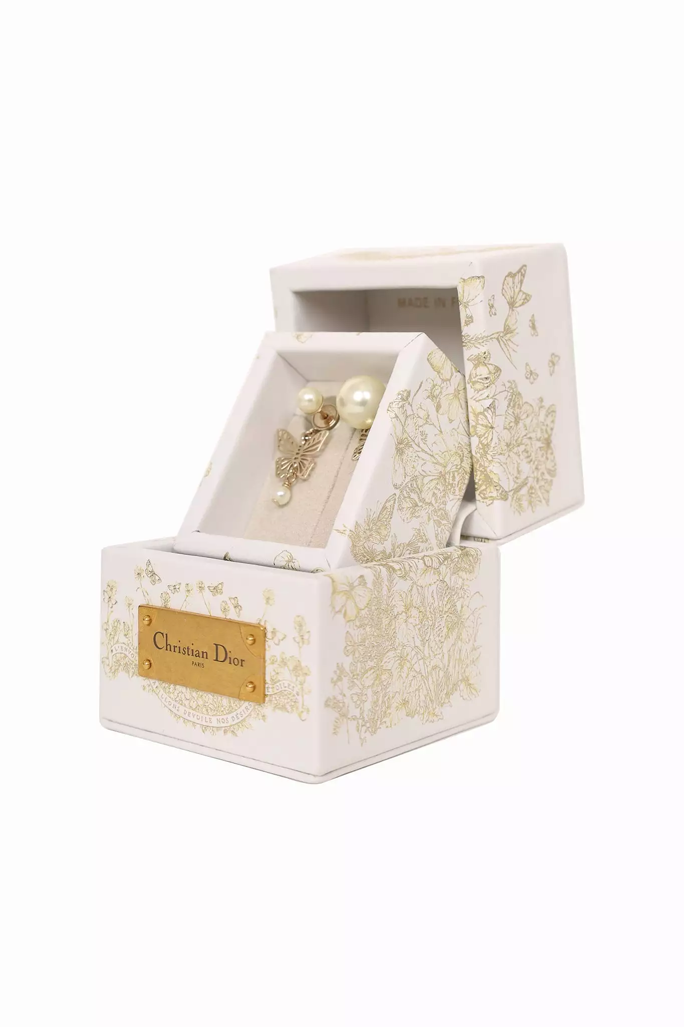 Christian Dior Butterfly Pearl Earrings with White Multicolor Calfskin Tribales Gift Box