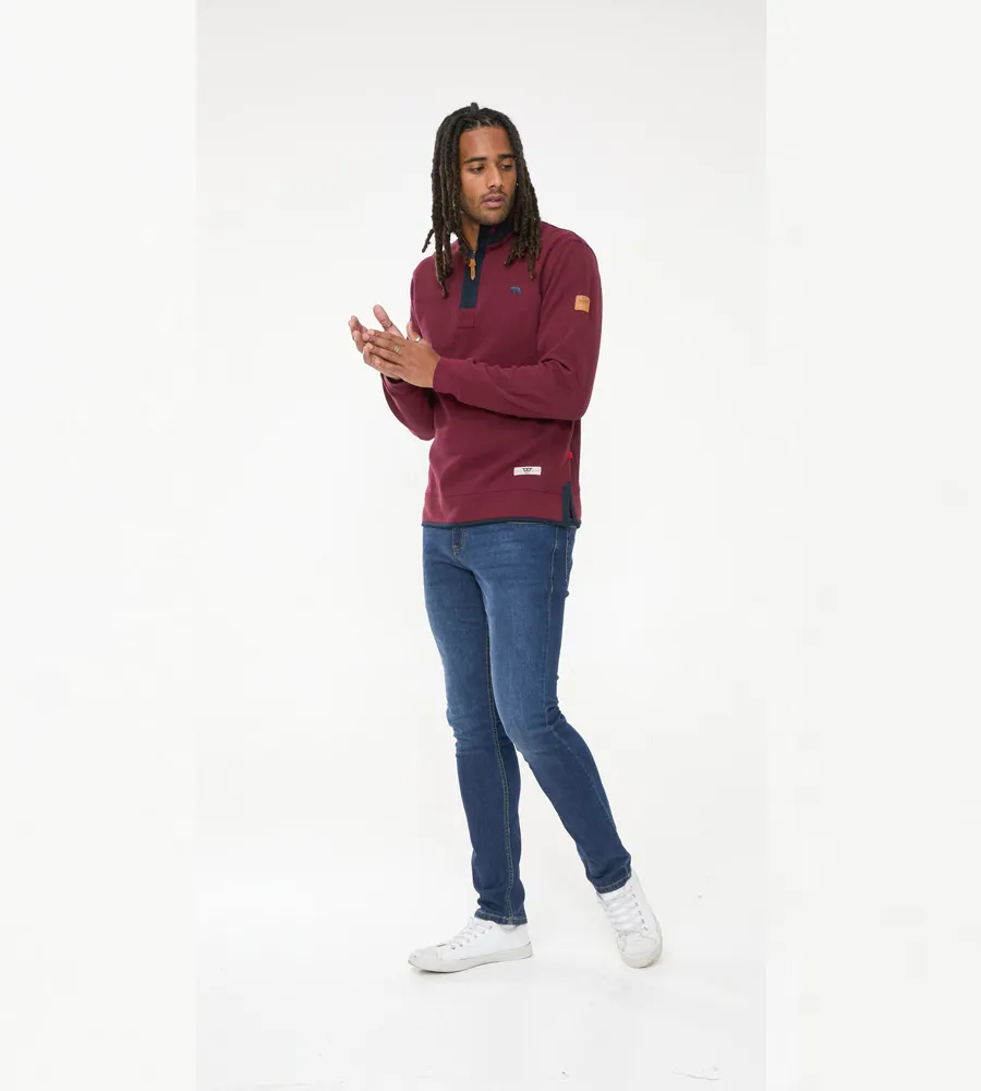 D555 Mens Burgundy Pique Fleece Sweatshirt With 1/4 Zip (HIRALDO)