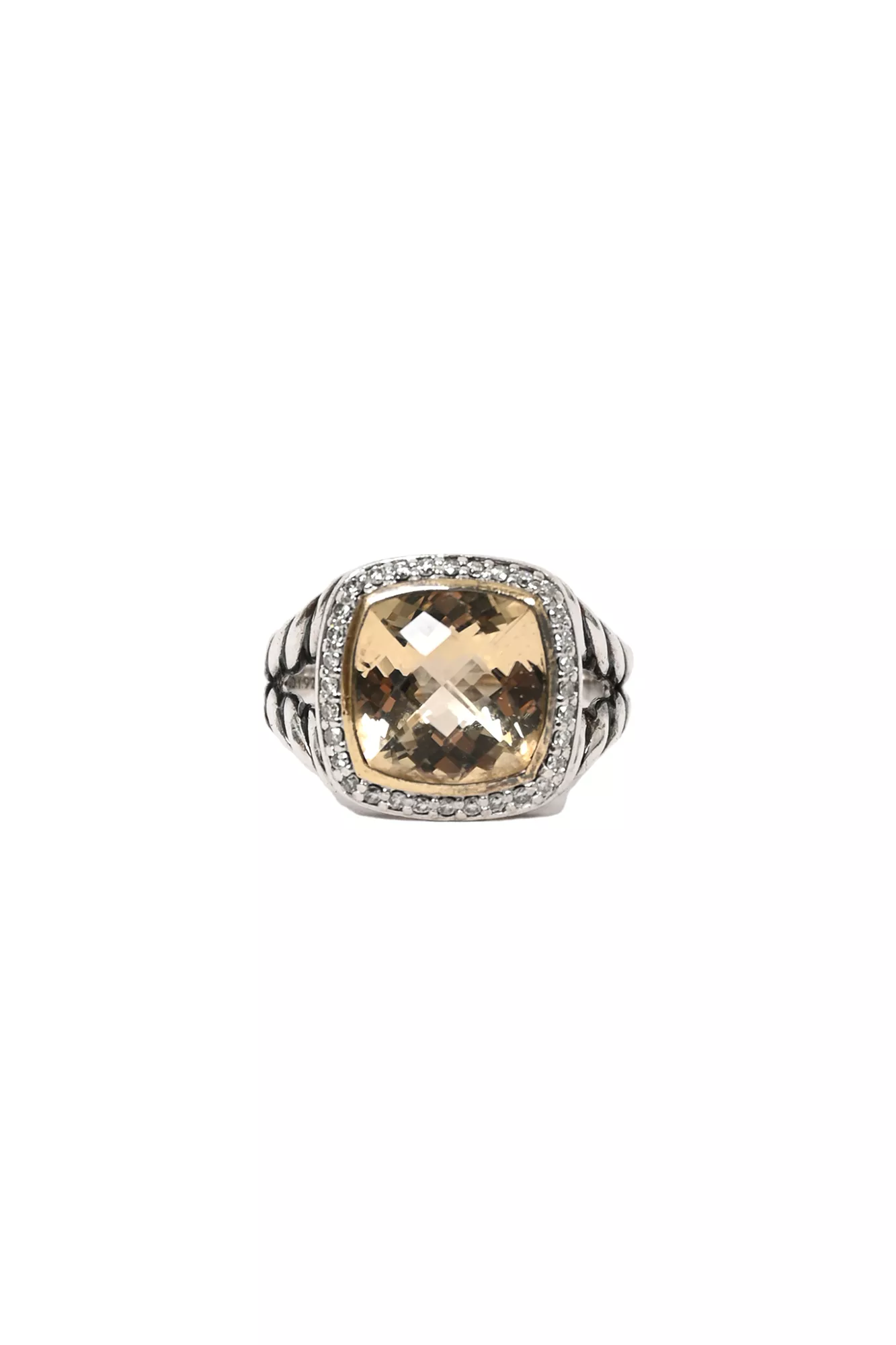 David Yurman Sterling Silver Champagne Citrine 11mm Albion Pave Diamond Cocktail Ring Size 8