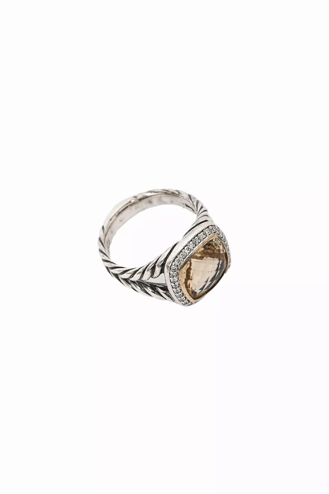 David Yurman Sterling Silver Champagne Citrine 11mm Albion Pave Diamond Cocktail Ring Size 8