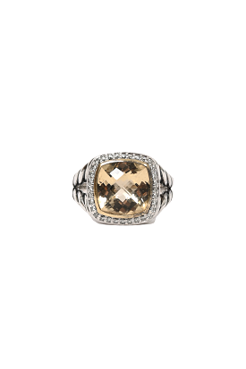 David Yurman Sterling Silver Champagne Citrine 11mm Albion Pave Diamond Cocktail Ring Size 8