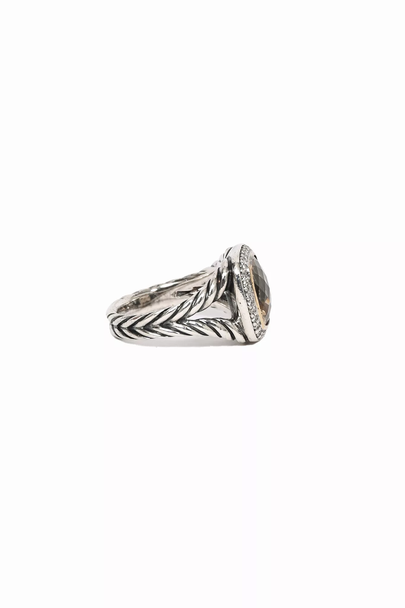 David Yurman Sterling Silver Champagne Citrine 11mm Albion Pave Diamond Cocktail Ring Size 8