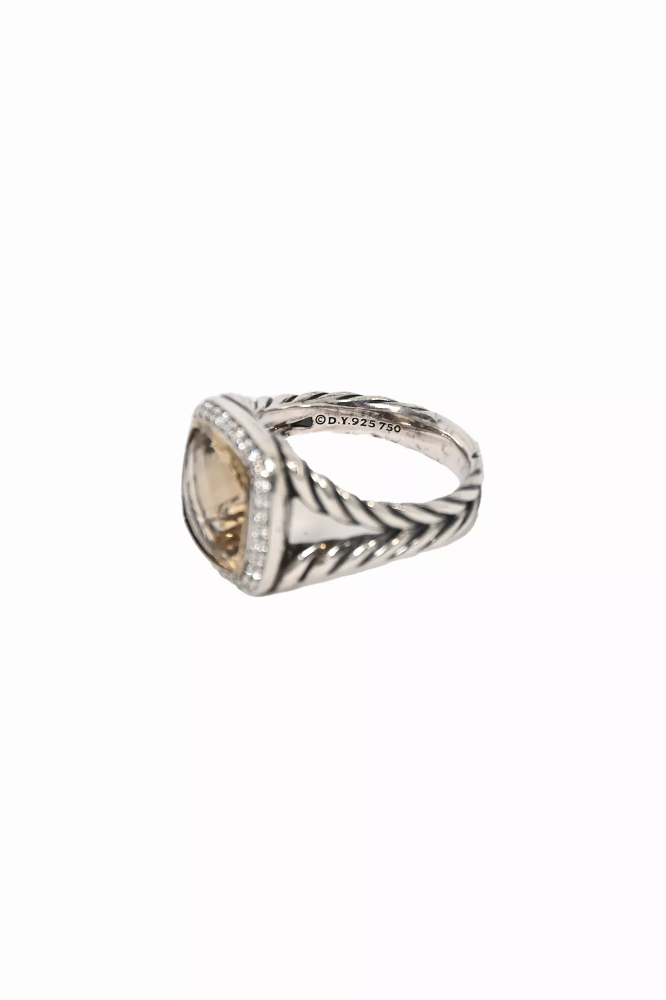 David Yurman Sterling Silver Champagne Citrine 11mm Albion Pave Diamond Cocktail Ring Size 8