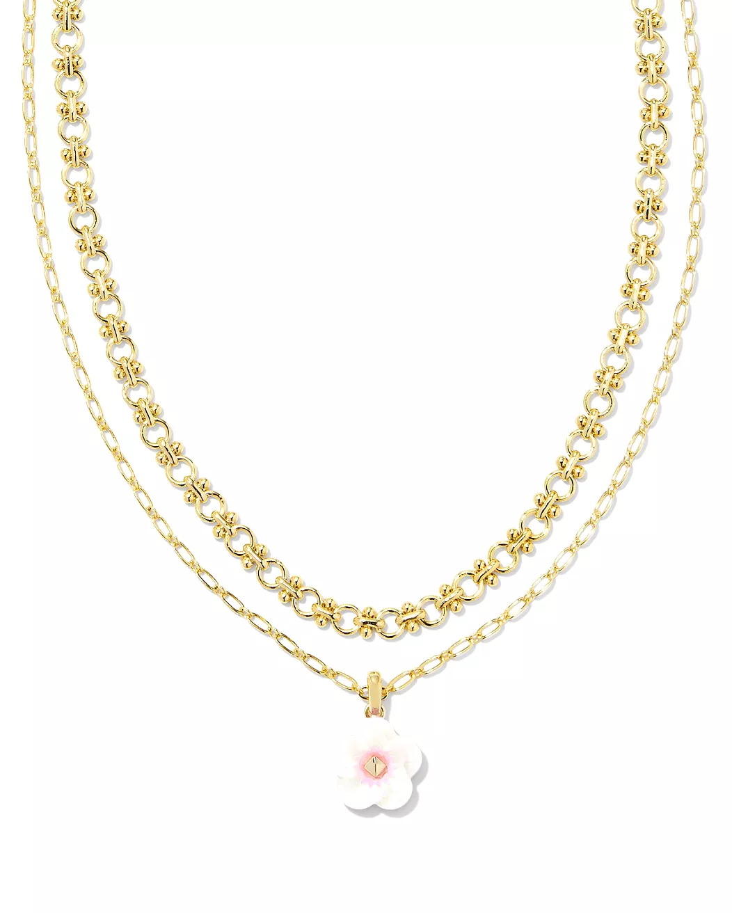 Deliah Gold Multi Strand Necklace in Iridescent Pink White Mix