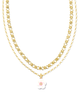 Deliah Gold Multi Strand Necklace in Iridescent Pink White Mix