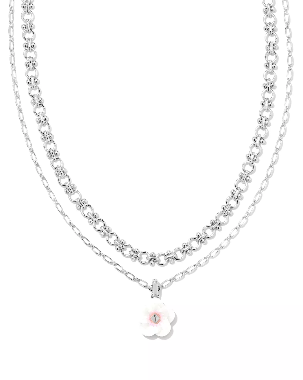 Deliah Silver Multi Strand Necklace in Iridescent Pink White Mix