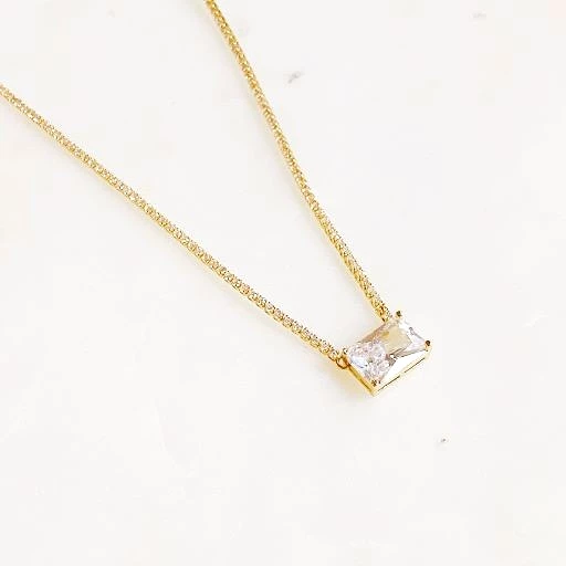 Emerald Cut Gemstone Solitaire Pendant Tennis Necklace (crystal clear, pink, emerald green)