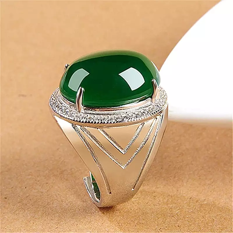 Fashion Domineering Green Chalcedony Ring Male Finger Accessories High-end 925 Silver Ring S4652217