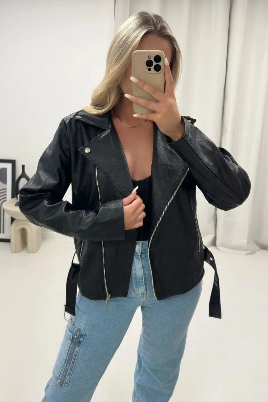 Faux Leather Boxy Biker Jacket In Black