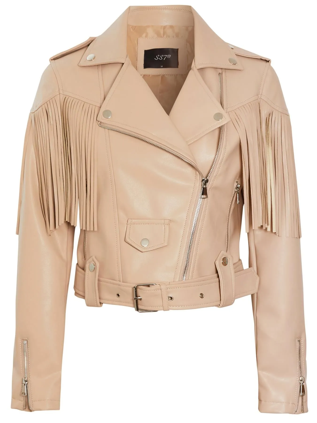 Faux leather Tassel Biker Jacket, Black, Beige, UK Sizes 8 to 14