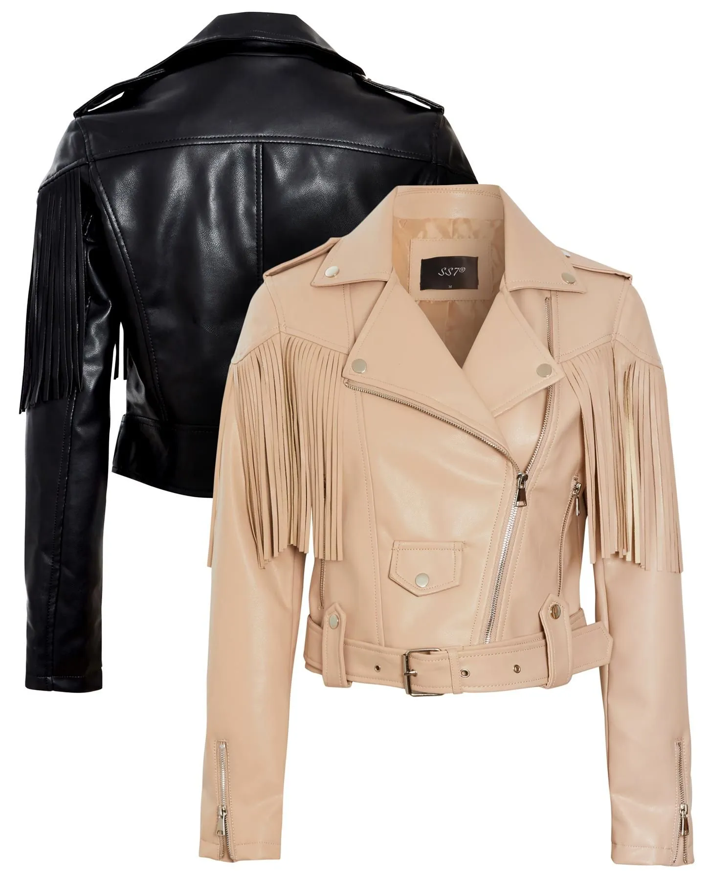 Faux leather Tassel Biker Jacket, Black, Beige, UK Sizes 8 to 14