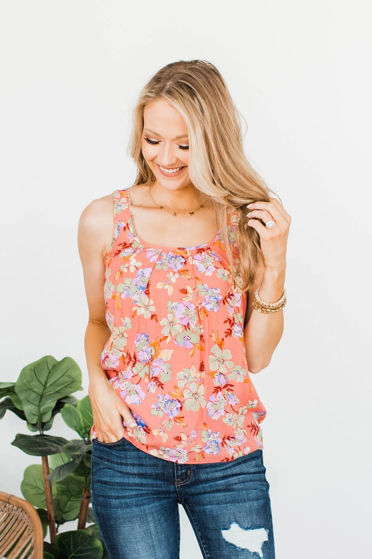 Floral Happiness Pleated Tank Top- Coral