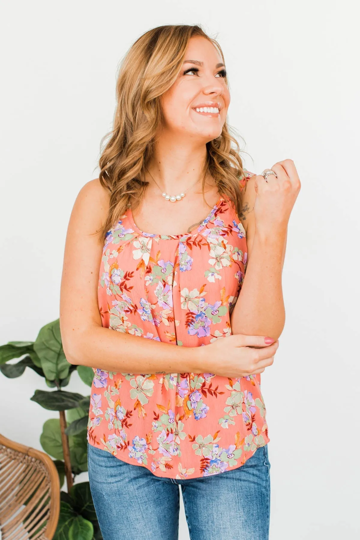 Floral Happiness Pleated Tank Top- Coral