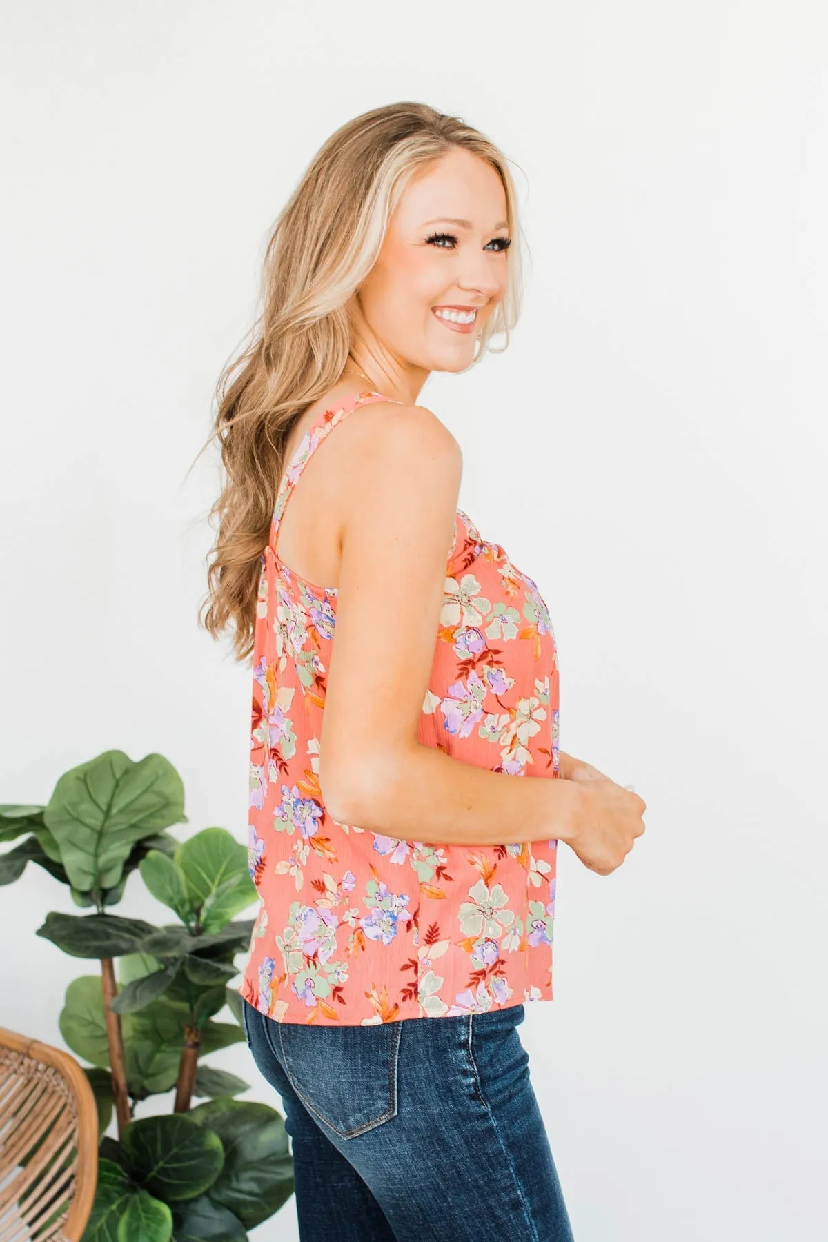 Floral Happiness Pleated Tank Top- Coral