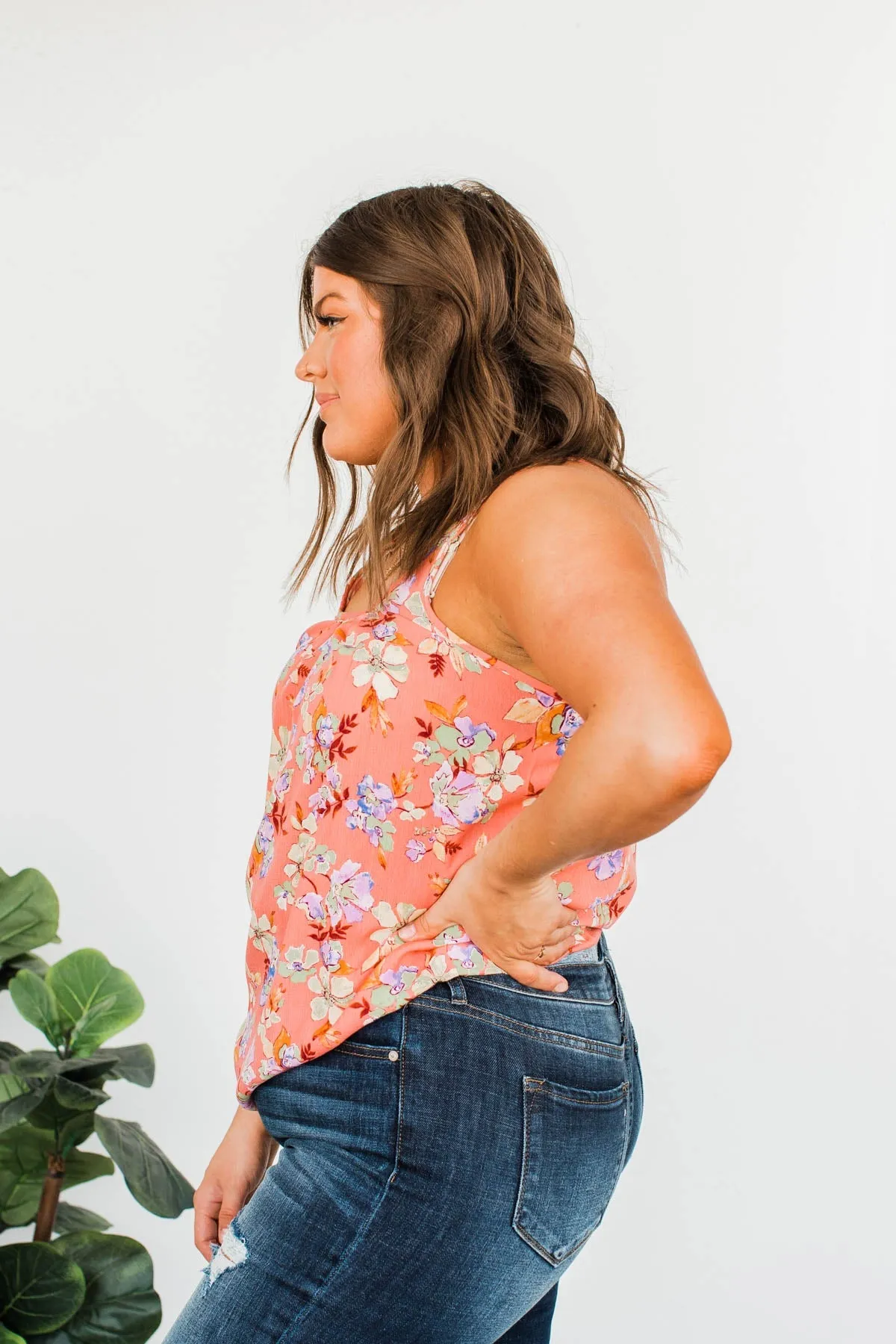 Floral Happiness Pleated Tank Top- Coral