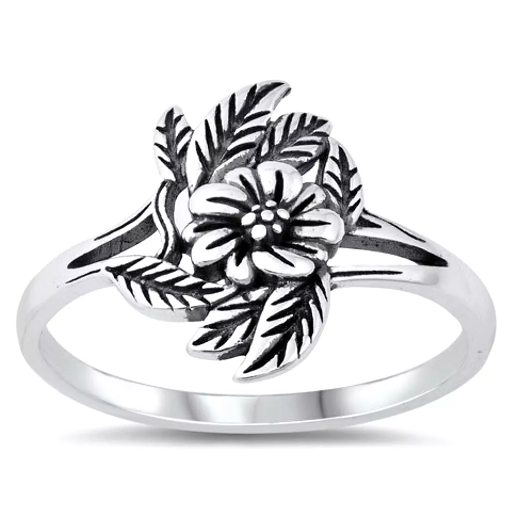 Flower and Leaves Sterling Silver Ring