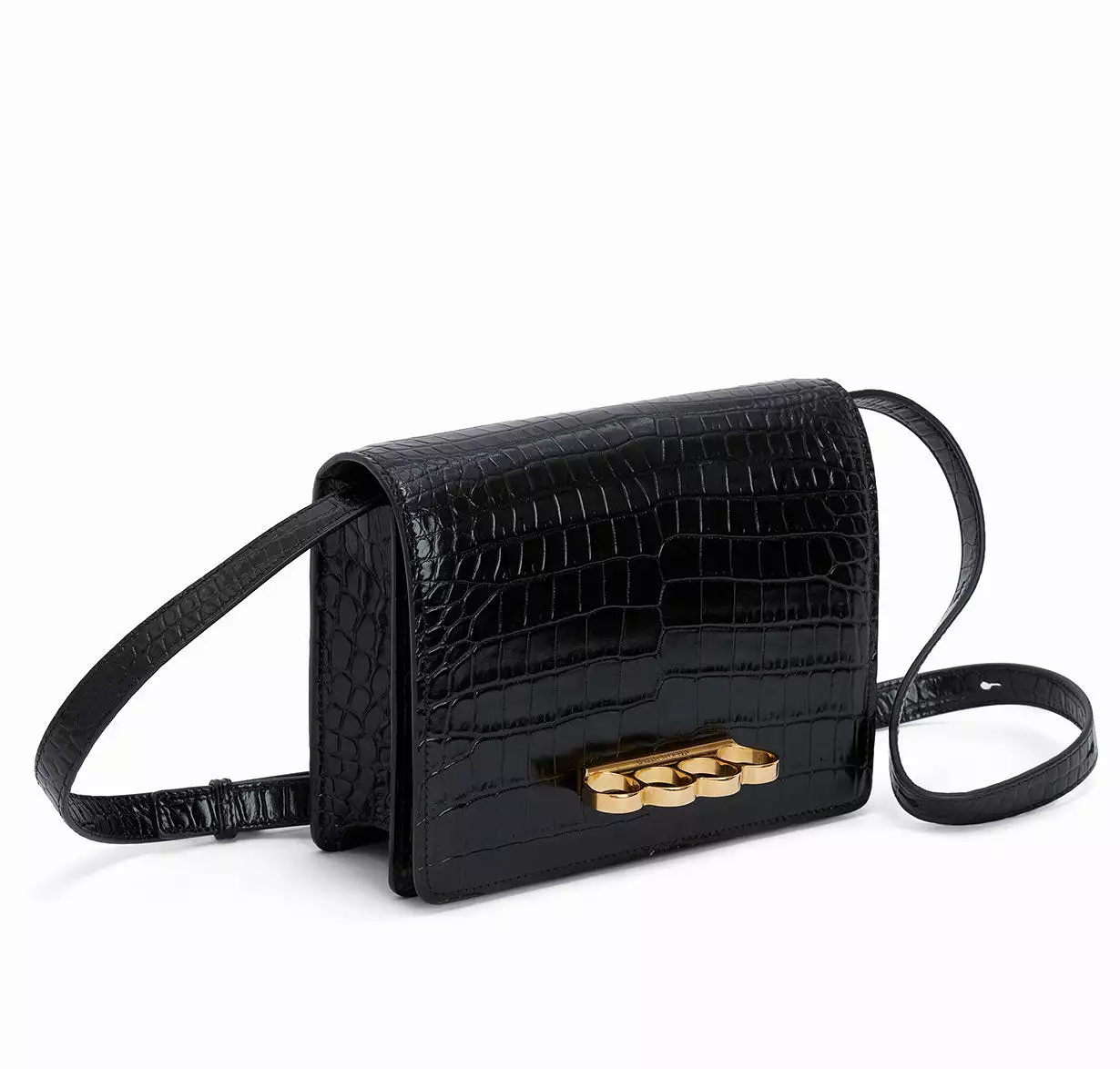 Four Ring Satchel Croc, Black/Gold