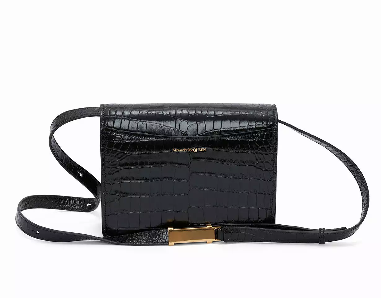 Four Ring Satchel Croc, Black/Gold