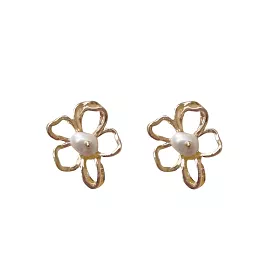 Gold Coloured Flower Studs with Pearls