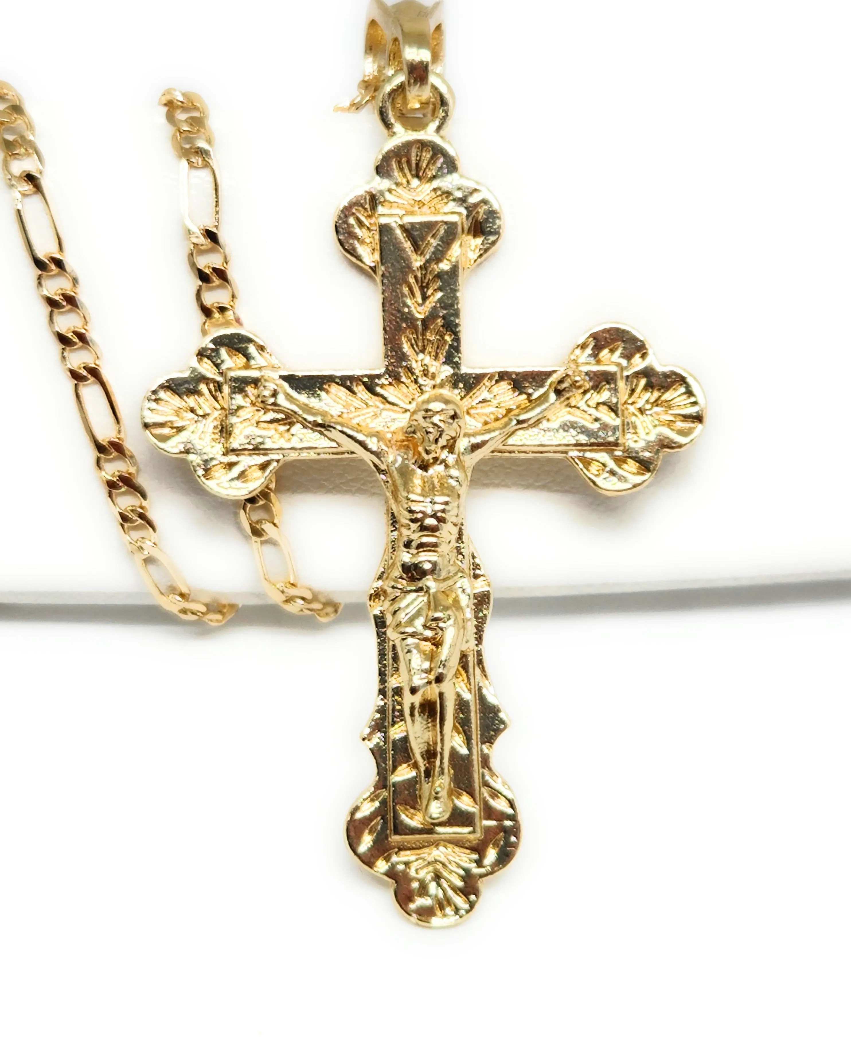 Gold Plated CLASSIC Jesus Cross Crucifix 24” Necklace Cruz Crucifijo