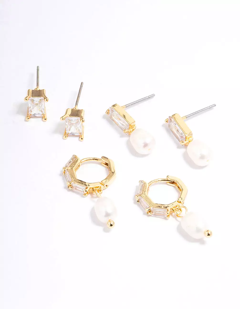 Gold Plated Cubic Zirconia Baguette Freshwater Pearl Earrings Pack