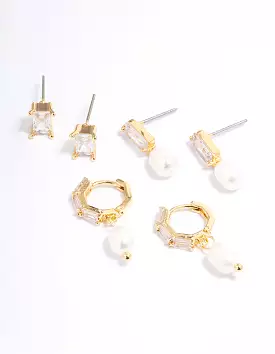 Gold Plated Cubic Zirconia Baguette Freshwater Pearl Earrings Pack