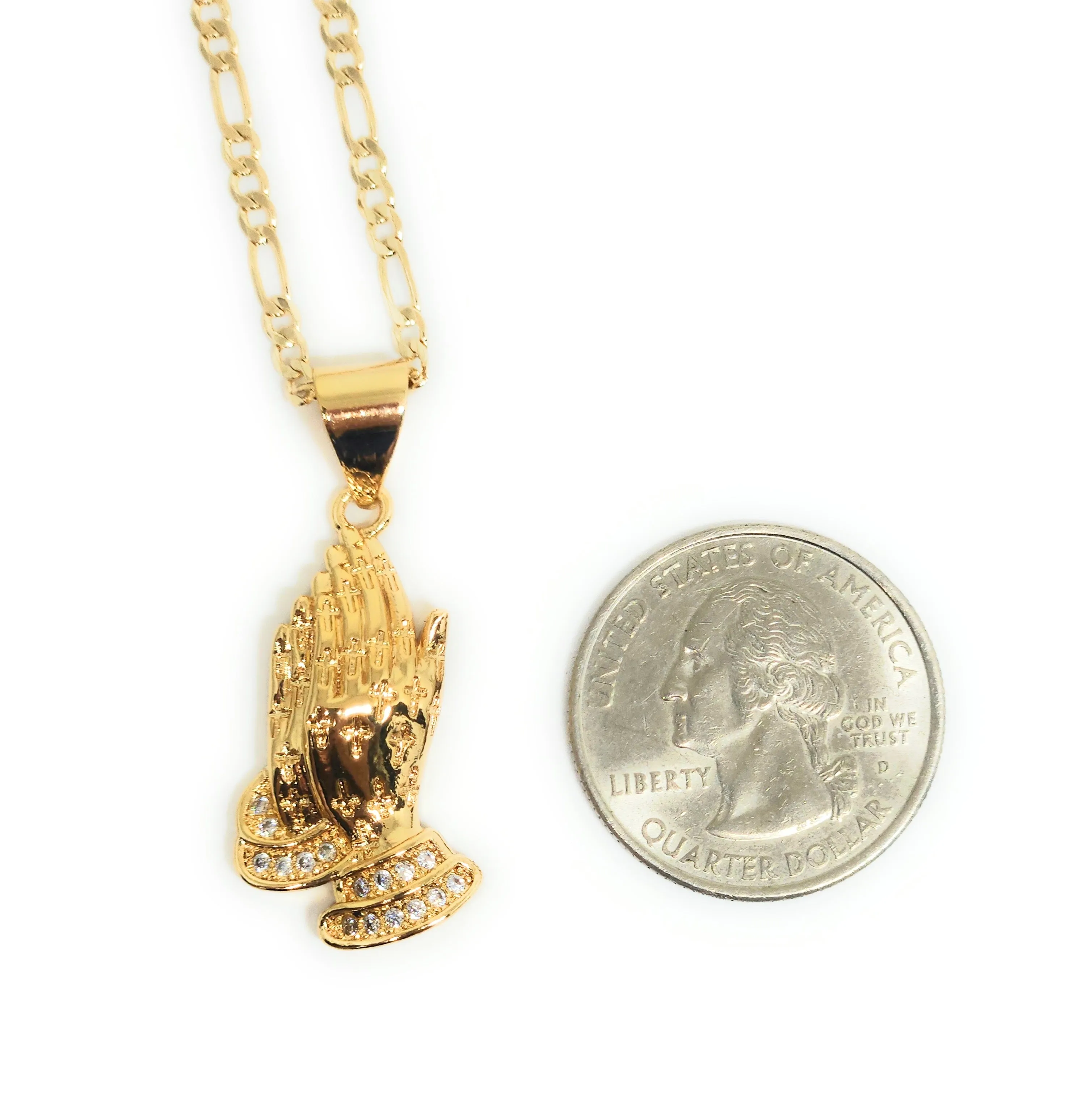 Gold Plated Iced Out CZ Classic Praying Hands Pendant 24 FIGARO Chain